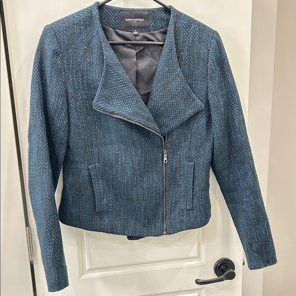 Banana Republic Blue Moto Style Tweed Blazer